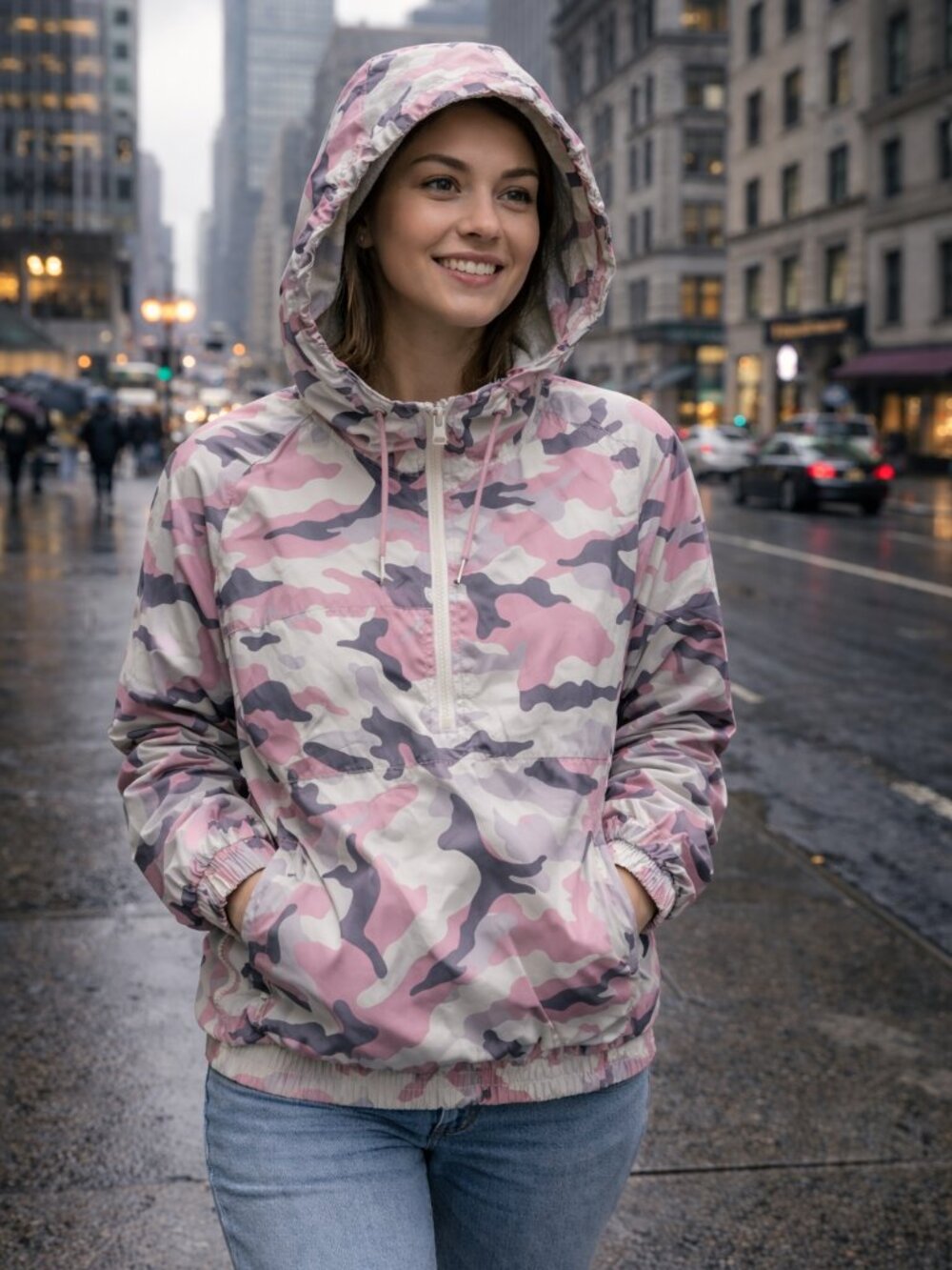 No Boundaries pink camouflage quarter-zip hooded pullover jacket